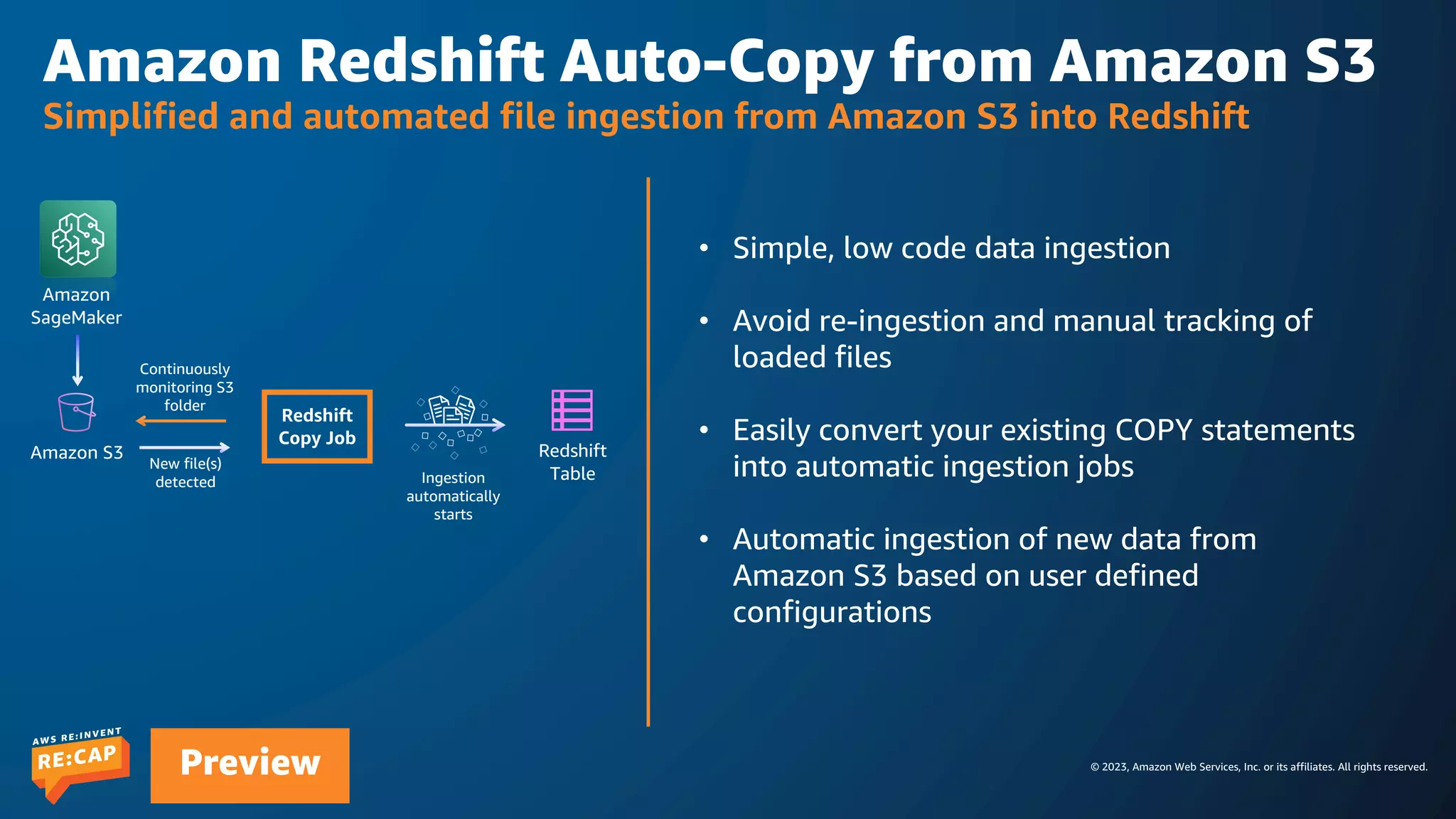 © 2023, Amazon Web Services, Inc. or its affiliates. All rights reserved.
Preview
Amazon Redshift Auto-Copy from Amazon S3
Simplified and automated file ingestion from Amazon S3 into Redshift
• Simple, low code data ingestion
• Avoid re-ingestion and manual tracking of
loaded files
• Easily convert your existing COPY statements
into automatic ingestion jobs
• Automatic ingestion of new data from
Amazon S3 based on user defined
configurations
Amazon S3
Redshift
Copy Job
Redshift
Table
Continuously
monitoring S3
folder
New file(s)
detected Ingestion
automatically
starts
Amazon
SageMaker
 