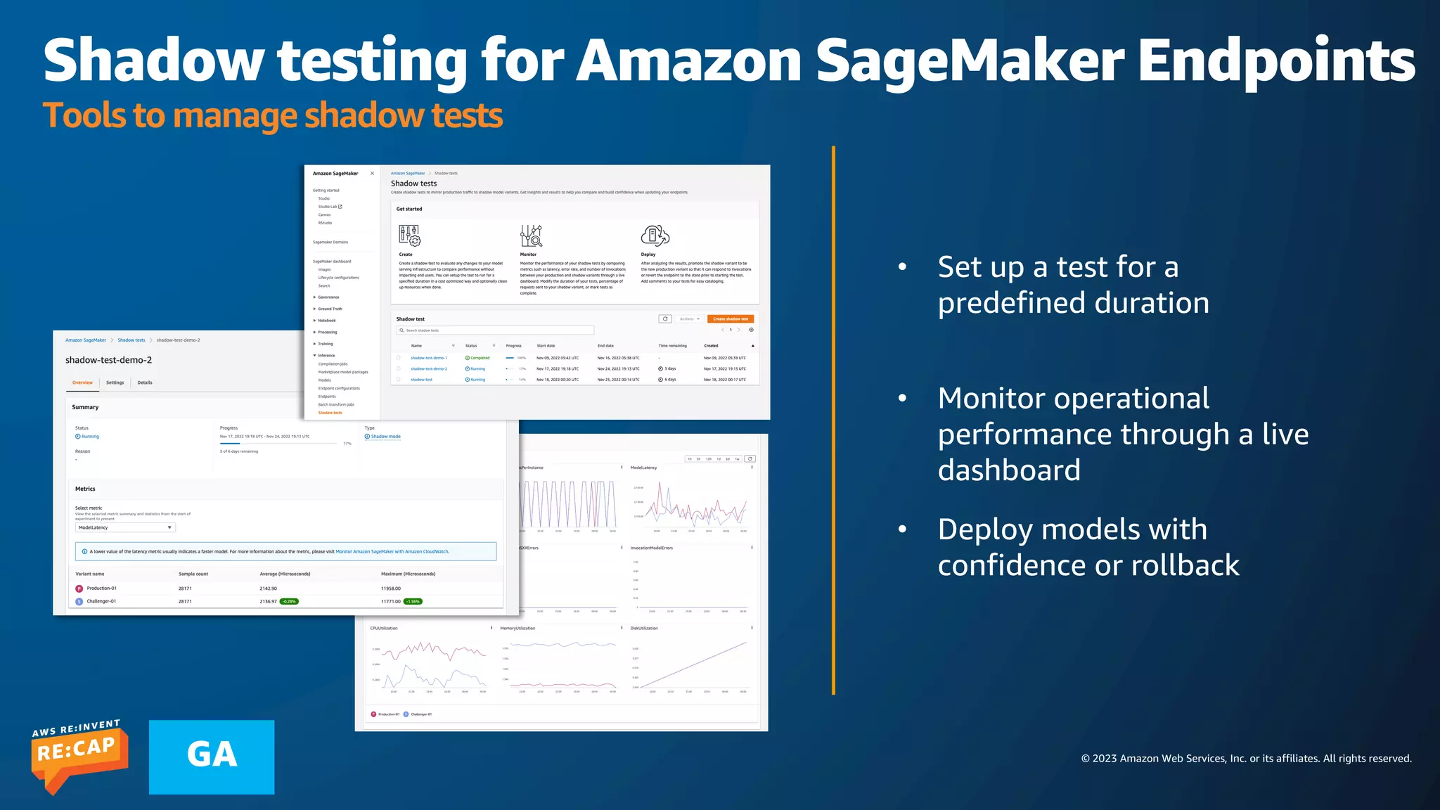 © 2023 Amazon Web Services, Inc. or its affiliates. All rights reserved.
GA
• Set up a test for a
predefined duration
• Monitor operational
performance through a live
dashboard
• Deploy models with
confidence or rollback
Shadow testing for Amazon SageMaker Endpoints
Tools to manage shadow tests
 