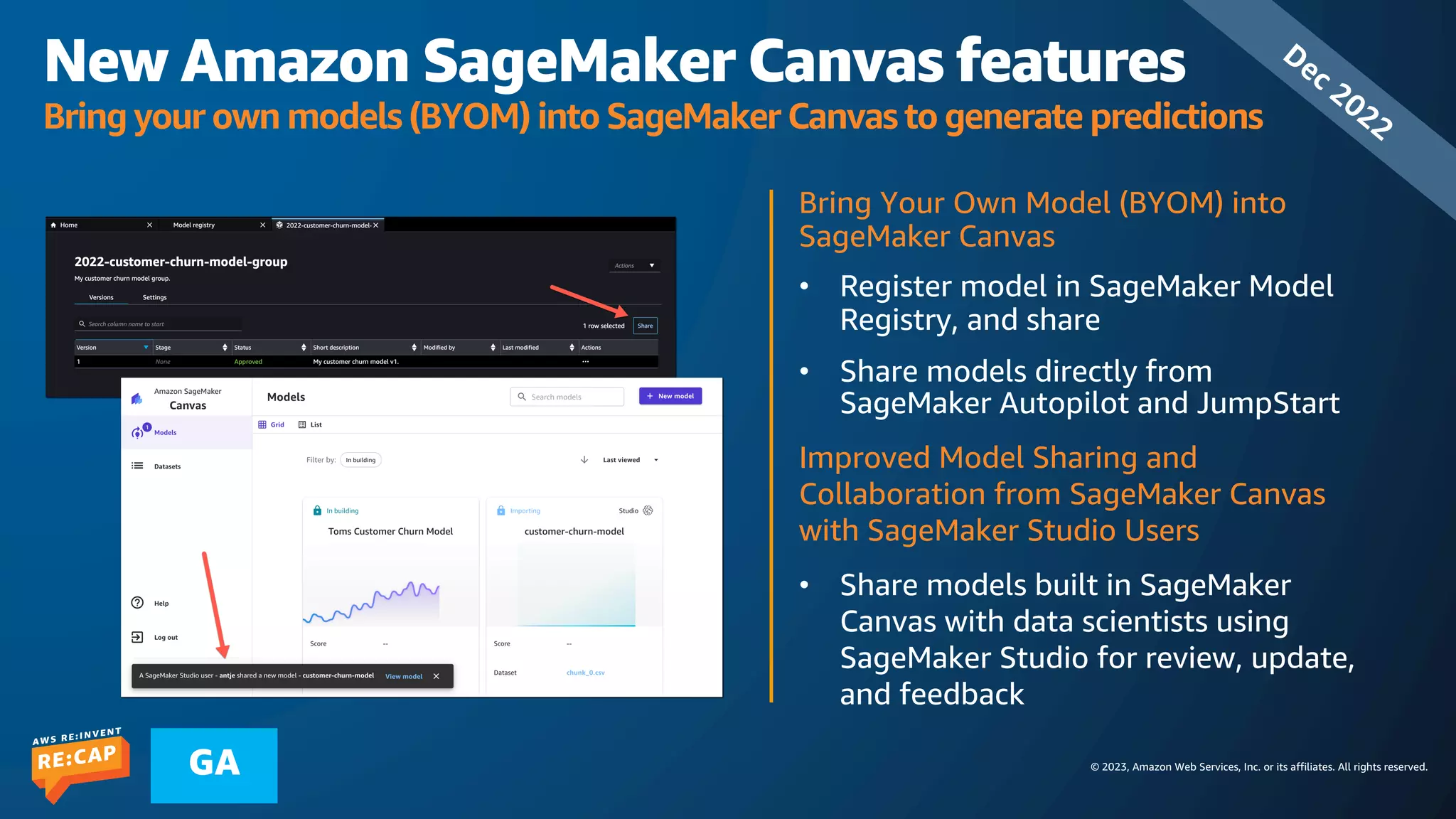 © 2023, Amazon Web Services, Inc. or its affiliates. All rights reserved.
GA
New Amazon SageMaker Canvas features
Bring your own models (BYOM) into SageMaker Canvas to generate predictions
Bring Your Own Model (BYOM) into
SageMaker Canvas
• Register model in SageMaker Model
Registry, and share
• Share models directly from
SageMaker Autopilot and JumpStart
Improved Model Sharing and
Collaboration from SageMaker Canvas
with SageMaker Studio Users
• Share models built in SageMaker
Canvas with data scientists using
SageMaker Studio for review, update,
and feedback
Dec 2022
 