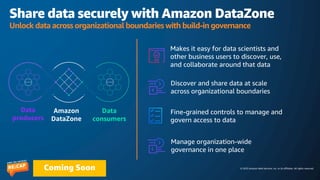 © 2023 Amazon Web Services, Inc. or its affiliates. All rights reserved.
Coming Soon
Share data securely with Amazon DataZone
Unlock data across organizational boundaries with build-in governance
Amazon
DataZone
Data
producers
Data
consumers
Fine-grained controls to manage and
govern access to data
Discover and share data at scale
across organizational boundaries
Makes it easy for data scientists and
other business users to discover, use,
and collaborate around that data
Manage organization-wide
governance in one place
 