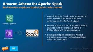 © 2023, Amazon Web Services, Inc. or its affiliates. All rights reserved.
GA
• Access interactive Spark clusters that start in
under a second and run faster with our
optimized runtime for Apache Spark
• Harness Apache Spark for complex, powerful
analytics using the expressive power of
Python along with its wide ecosystem
• Build Apache Spark applications without
managing resources or configuring software
using Amazon Athena
Amazon Athena
Amazon Athena for Apache Spark
Run interactive analytics on Apache Spark in under a second
Amazon SageMaker
 