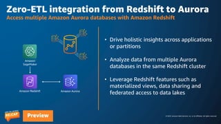 © 2023, Amazon Web Services, Inc. or its affiliates. All rights reserved.
Preview
Zero-ETL integration from Redshift to Aurora
Access multiple Amazon Aurora databases with Amazon Redshift
• Drive holistic insights across applications
or partitions
• Analyze data from multiple Aurora
databases in the same Redshift cluster
• Leverage Redshift features such as
materialized views, data sharing and
federated access to data lakes
Amazon Redshift Amazon Aurora
Amazon
SageMaker
 
