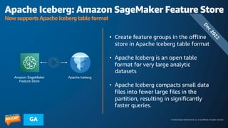 © 2023 Amazon Web Services, Inc. or its affiliates. All rights reserved.
GA
Apache Iceberg: Amazon SageMaker Feature Store
Now supports Apache Iceberg table format
• Create feature groups in the offline
store in Apache Iceberg table format
• Apache Iceberg is an open table
format for very large analytic
datasets
• Apache Iceberg compacts small data
files into fewer large files in the
partition, resulting in significantly
faster queries.
Amazon SageMaker
Feature Store
Apache Iceberg
D
e
c
2
0
2
2
 