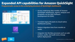 © 2023 Amazon Web Services, Inc. or its affiliates. All rights reserved.
GA
Expanded API capabilities for Amazon QuickSight
Programmatic access to the underlying structure of QuickSight dashboards
• Access underlying data models of Amazon
QuickSight dashboards, reports, analyses and
templates via the AWS Software
Development Kit (SDK).
• Translate legacy BI assets to cloud-native
dashboards quickly
• Reduce migration time from months to
weeks
• Integrate into DevOps processes such as code
reviews, audits, and audit every change
before deployment
Amazon QuickSight
 