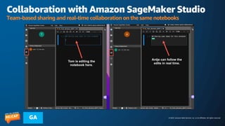 © 2023, Amazon Web Services, Inc. or its affiliates. All rights reserved.
GA
Collaboration with Amazon SageMaker Studio
Team-based sharing and real-time collaboration on the same notebooks
 