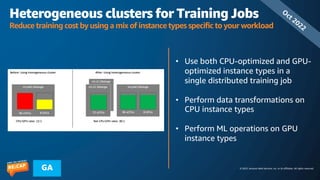 © 2023, Amazon Web Services, Inc. or its affiliates. All rights reserved.
GA
Heterogeneous clusters for Training Jobs
Reduce training cost by using a mix of instance types specific to your workload
• Use both CPU-optimized and GPU-
optimized instance types in a
single distributed training job
• Perform data transformations on
CPU instance types
• Perform ML operations on GPU
instance types
O
ct 2022
 