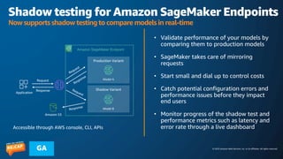 © 2023 Amazon Web Services, Inc. or its affiliates. All rights reserved.
GA
Shadow testing for Amazon SageMaker Endpoints
Now supports shadow testing to compare models in real-time
• Validate performance of your models by
comparing them to production models
• SageMaker takes care of mirroring
requests
• Start small and dial up to control costs
• Catch potential configuration errors and
performance issues before they impact
end users
• Monitor progress of the shadow test and
performance metrics such as latency and
error rate through a live dashboard
Amazon SageMaker Endpoint
Production Variant
Shadow Variant
Model A
Model B
Request
Response
Request
Request
Response
Application
Response
Amazon S3
Accessible through AWS console, CLI, APIs
 
