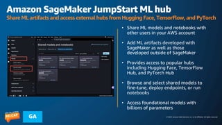 © 2023, Amazon Web Services, Inc. or its affiliates. All rights reserved.
GA
Amazon SageMaker JumpStart ML hub
Share ML artifacts and access external hubs from Hugging Face, TensorFlow, and PyTorch
• Share ML models and notebooks with
other users in your AWS account
• Add ML artifacts developed with
SageMaker as well as those
developed outside of SageMaker
• Provides access to popular hubs
including Hugging Face, TensorFlow
Hub, and PyTorch Hub
• Browse and select shared models to
fine-tune, deploy endpoints, or run
notebooks
• Access foundational models with
billions of parameters
 