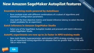© 2023, Amazon Web Services, Inc. or its affiliates. All rights reserved.
GA
New Amazon SageMaker Autopilot features
pre:Invent
Ensemble training mode powered by AutoGluon
• Runs multiple trials with different combinations of a subset of algorithms and
AutoGluon configuration parameters
• Uses both the best objective metrics and lowest inference latency to select the best
model candidate for an experiment
Batch inference in Amazon SageMaker Studio
• Select any of the SageMaker Autopilot models and proceed with batch inference
within SageMaker Studio
AutoML experiments are now up to 2x faster in HPO training mode
• New multi-fidelity hyperparameter optimization (HPO) strategy employs state-of-
the-art hyperband tuning algorithm on datasets that are greater than 100 MB with
100 or more trials
 