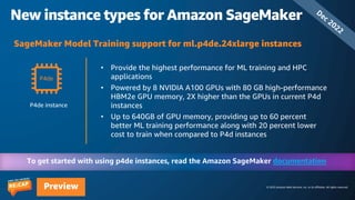 © 2023 Amazon Web Services, Inc. or its affiliates. All rights reserved.
Preview
New instance types for Amazon SageMaker
P4de instance
documentation
P4de
• Provide the highest performance for ML training and HPC
applications
• Powered by 8 NVIDIA A100 GPUs with 80 GB high-performance
HBM2e GPU memory, 2X higher than the GPUs in current P4d
instances
• Up to 640GB of GPU memory, providing up to 60 percent
better ML training performance along with 20 percent lower
cost to train when compared to P4d instances
SageMaker Model Training support for ml.p4de.24xlarge instances
Dec 2022
 