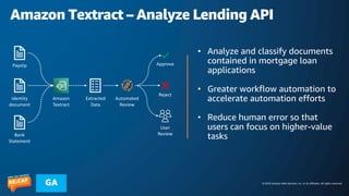 © 2023 Amazon Web Services, Inc. or its affiliates. All rights reserved.
GA
Amazon Textract – Analyze Lending API
Amazon
Textract
Payslip
Identity
document
Bank
Statement
Extracted
Data
User
Review
Automated
Review
Approve
Reject
• Analyze and classify documents
contained in mortgage loan
applications
• Greater workflow automation to
accelerate automation efforts
• Reduce human error so that
users can focus on higher-value
tasks
 