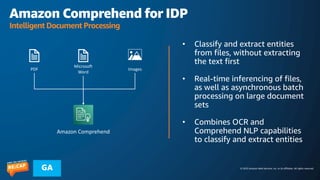 © 2023 Amazon Web Services, Inc. or its affiliates. All rights reserved.
GA
Amazon Comprehend for IDP
Intelligent Document Processing
Amazon Comprehend
PDF
Microsoft
Word
Images
• Classify and extract entities
from files, without extracting
the text first
• Real-time inferencing of files,
as well as asynchronous batch
processing on large document
sets
• Combines OCR and
Comprehend NLP capabilities
to classify and extract entities
 