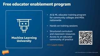 © 2023, Amazon Web Services, Inc. or its affiliates. All rights reserved.
Free educator enablement program
• AI & ML educator training program
for community colleges and MSIs
nationwide
• Hands-on training sessions
• Structured curriculum
and classroom resources
• Access to an educator
community of practice
>>> Learn more
Machine Learning
University
 
