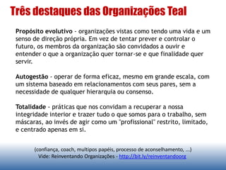 Organização – (Empreendedora) Laranja
Metáfora
• Máquina
Características
• Meta é bater a concorrência, obter
lucro e crescer
• Inovação como chave p/ permanecer
na frente
• Gestão por objetivos (comando e
controle no que, liberdade no como)
Estilo de Liderança
• Meta (predições) e decisões
orientadas a tarefas
Exemplos
• Empresas multinacionais
• Escolas privadas
Principais Rupturas
• Inovação
• Responsabilidade
• Meritocracia
Outros
• Processos & Projetos
• “A Cenoura” (Ego)
• Efetividade & sucesso (ambições)
 