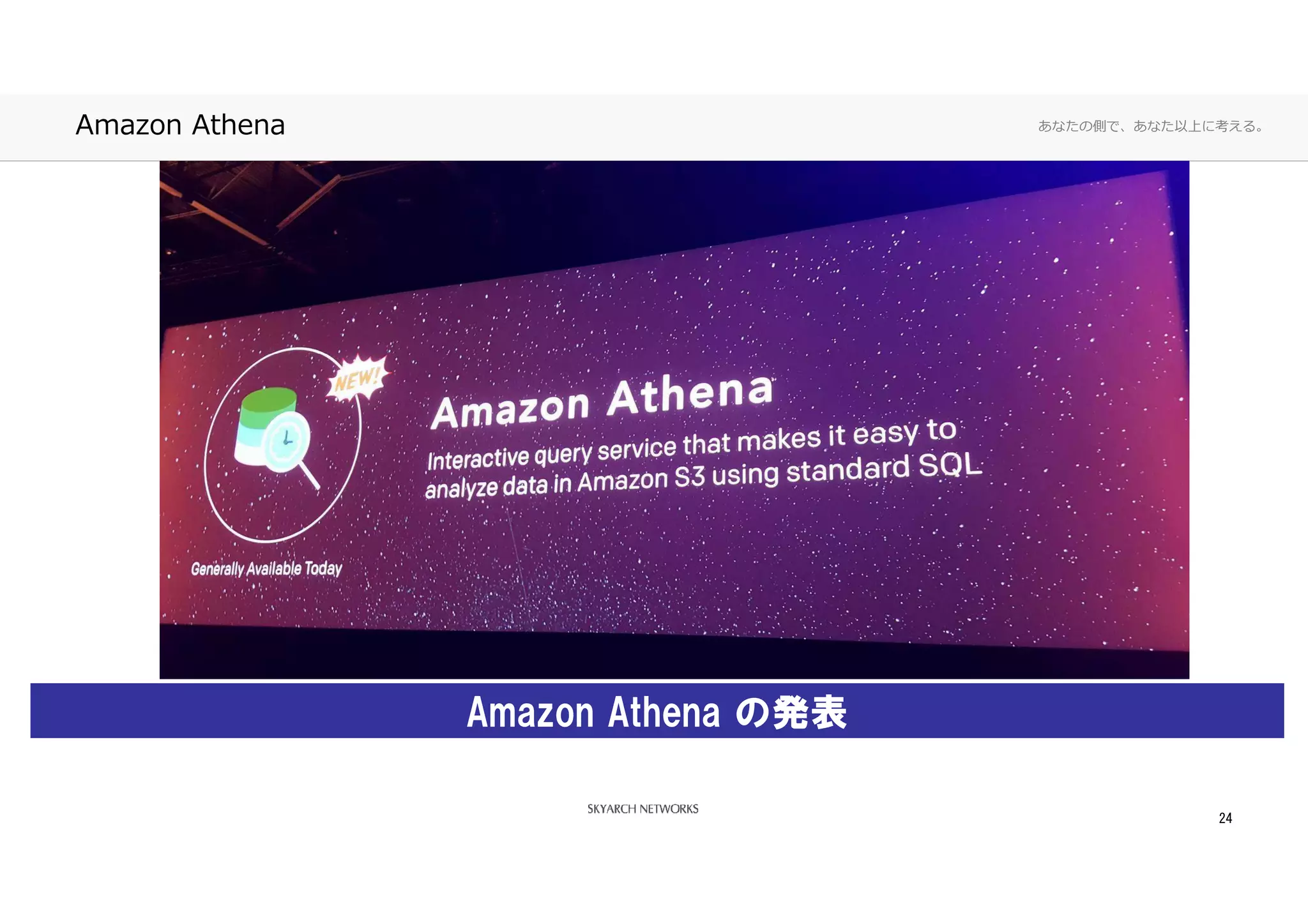 あなたの側で、あなた以上に考える。Amazon Athena
24
Amazon Athena の発表
 