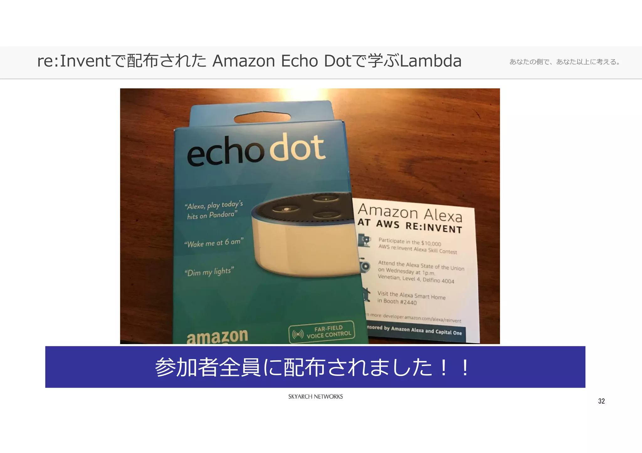 あなたの側で、あなた以上に考える。re:Inventで配布された Amazon Echo Dotで学ぶLambda
32
参加者全員に配布されました！！
 