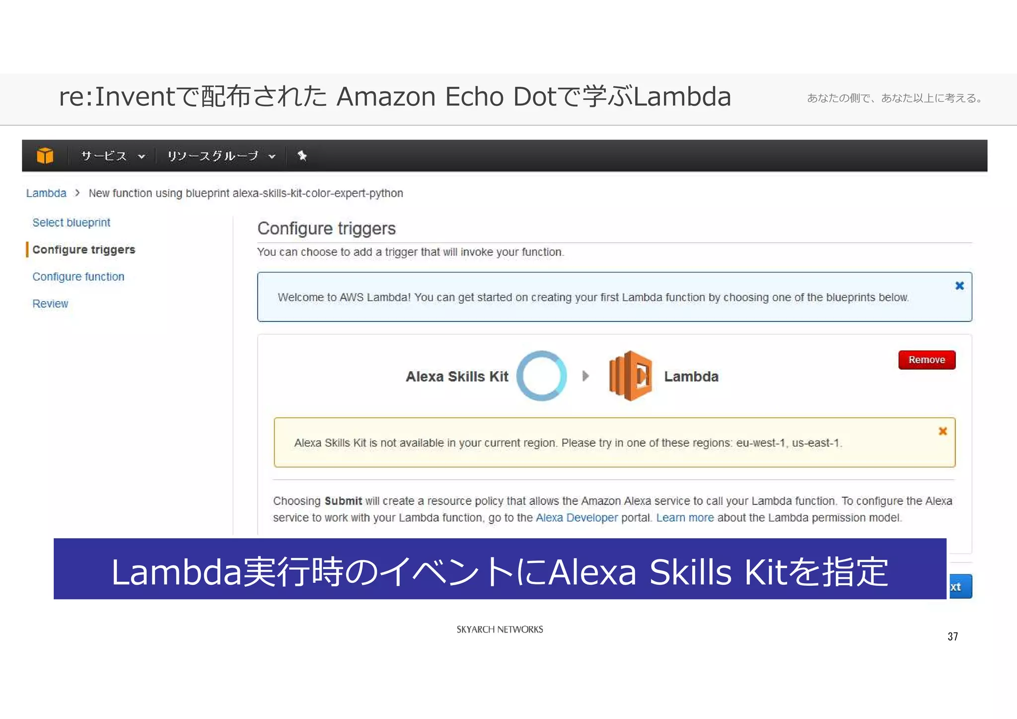 あなたの側で、あなた以上に考える。re:Inventで配布された Amazon Echo Dotで学ぶLambda
37
Lambda実⾏時のイベントにAlexa Skills Kitを指定
 