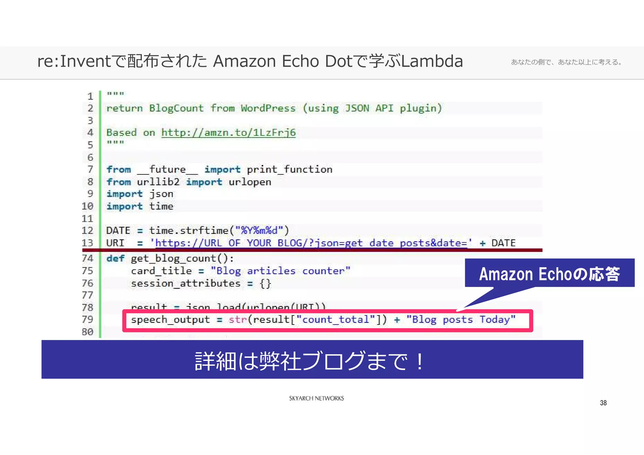 あなたの側で、あなた以上に考える。re:Inventで配布された Amazon Echo Dotで学ぶLambda
38
詳細は弊社ブログまで！
Amazon Echoの応答
 