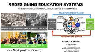 BREAKING FREE OF 19TH CENTURY FACTORY MODEL EDUCATION
DESIGNING NEW LEARNING PLATFORMS BASED ON
FREEDOM, FLEXIBILITY AND FUN.
REDESIGNING EDUCATION SYSTEMS
TO GROW HUMBLE AND MORALLY COURAGEOUS CHANGEMAKERS
www.NewOpenEducation.org
Youssef Gaboune
Co-Founder
y.gaboune@gmail.com
www.gaboune.com
 