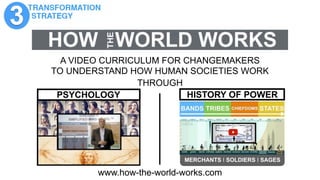 A VIDEO CURRICULUM FOR CHANGEMAKERS
TO UNDERSTAND HOW HUMAN SOCIETIES WORK
HISTORY OF POWER
MERCHANTS I SOLDIERS I SAGES
THROUGH
PSYCHOLOGY
www.how-the-world-works.com
 