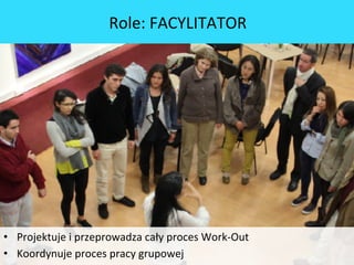 •  Projektuje	
 i	
 przeprowadza	
 cały	
 proces	
 Work-­‐Out	
 
•  Koordynuje	
 proces	
 pracy	
 grupowej	
 
Role:	
 FACYLITATOR	
 
 