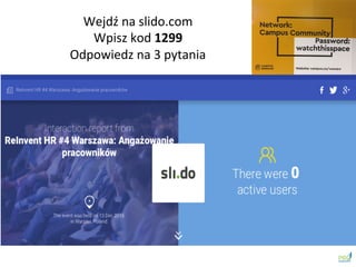 Wejdź	
 na	
 slido.com	
 	
 
Wpisz	
 kod	
 1299	
 
Odpowiedz	
 na	
 3	
 pytania	
 
 