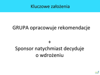 GRUPA	
 opracowuje	
 rekomendacje	
 
+	
 
Sponsor	
 natychmiast	
 decyduje	
 
o	
 wdrożeniu	
 
Kluczowe	
 założenia	
 
 