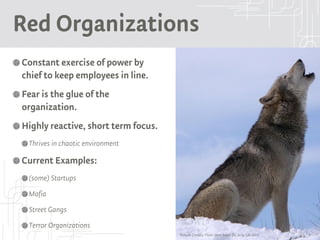 Red Organizations
Constant exercise of power by
chief to keep employees in line.
Fear is the glue of the
organization.
Highly reactive, short term focus.
Thrives in chaotic environment
Current Examples:
(some) Startups
Mafia
Street Gangs
Terror Organizations
Picture Credits: Flickr User howl: flic.kr/p/5BU6Rn
 