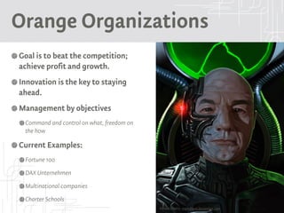 Orange Organizations
Goal is to beat the competition;
achieve profit and growth.
Innovation is the key to staying
ahead.
Management by objectives
Command and control on what, freedom on
the how
Current Examples:
Fortune 100
DAX Unternehmen
Multinational companies
Charter Schools
Picture Credits: markdraws.deviantart.com
 