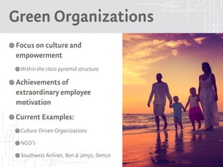 Green Organizations
Focus on culture and
empowerment
Within the class pyramid structure
Achievements of
extraordinary employee
motivation
Current Examples:
Culture Driven Organizations
NGO’s
Southwest Airlines, Ben & Jerrys, Semco
 