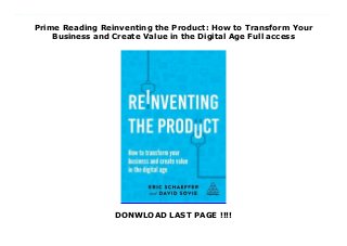 Prime Reading Reinventing the Product: How to Transform Your
Business and Create Value in the Digital Age Full access
DONWLOAD LAST PAGE !!!!
? PREMIUM EBOOK Reinventing the Product: How to Transform Your Business and Create Value in the Digital Age (Eric Schaeffer) ? Download and stream more than 10,000 movies, e-books, audiobooks, music tracks, and pictures ? Adsimple access to all content ? Quick and secure with high-speed downloads ? No datalimit ? You can cancel at any time during the trial ? Download now : https://wahyu-salesman.blogspot.com/?book=0749484640 ? Book discription : Digital technology is simultaneously friend and foe: highly disruptive, yet it cannot be ignored. Companies that fail to make use of it put themselves in the line of fire for disintermediation or even eradication. But digital technology is also the biggest opportunity to reposition incumbent product-making businesses by thinking about how they conceive, make, distribute and support the next generation of goods in the marketplace.Reinventing the Product looks at the ways traditional products are transforming into smart connected products and ecosystem platforms at a rate much faster than most organizations think. Eric Schaeffer and David Sovie show how this reinvention is made possible: by AI and digital technologies, such as IoT sensors, blockchain, advanced analytics, cloud and edge computing. They show how to deliver truly intelligent, and potentially even autonomous, products with the more personalized and compelling experiences that today's users, consumers and enterprises expect. Reinventing the Product makes a stringent case for companies to rethink their product strategy, their innovation and engineering processes, and the entire culture to build the future generations of successful 'living products'. Featuring case studies from global organizations such as Faurecia, Signify, Symmons and Haier and interviews with thought leaders and business executives from top companies including Amazon, ABB, Tesla, Samsung and Google, this book provides practical advice for product-making companies as they embark on, or accelerate,
their digitization journey.
 