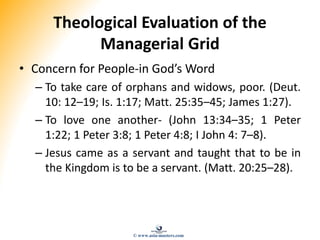 Theological Evaluation of the
Managerial Grid
• Concern for People-in God’s Word
– To take care of orphans and widows, poor. (Deut.
10: 12–19; Is. 1:17; Matt. 25:35–45; James 1:27).
– To love one another- (John 13:34–35; 1 Peter
1:22; 1 Peter 3:8; 1 Peter 4:8; I John 4: 7–8).
– Jesus came as a servant and taught that to be in
the Kingdom is to be a servant. (Matt. 20:25–28).
© www.asia-masters.com
 