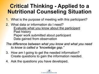 Critical Thinking - Applied to a
Nutritional Counseling Situation
1. What is the purpose of meeting with this participant?
2. What data or information do I need?
Evaluate what you know about the participant
Past history
Paper work submitted about participant
Data gained from observation
The difference between what you know and what you need
to know is called a “knowledge gap.”
3. How am I going to get the needed information?
Create questions to gain the information needed.
4. Ask the questions you have developed.
© www.asia-masters.com
 
