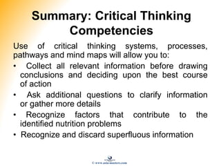 Summary: Critical Thinking
Competencies
Use of critical thinking systems, processes,
pathways and mind maps will allow you to:
• Collect all relevant information before drawing
conclusions and deciding upon the best course
of action
• Ask additional questions to clarify information
or gather more details
• Recognize factors that contribute to the
identified nutrition problems
• Recognize and discard superfluous information
© www.asia-masters.com
 