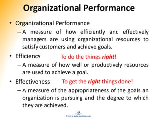 Organizational Performance
• Organizational Performance
– A measure of how efficiently and effectively
managers are using organizational resources to
satisfy customers and achieve goals.
• Efficiency
– A measure of how well or productively resources
are used to achieve a goal.
• Effectiveness
– A measure of the appropriateness of the goals an
organization is pursuing and the degree to which
they are achieved.
To get the right things done!
To do the things right!
© www.asia-masters.com
 