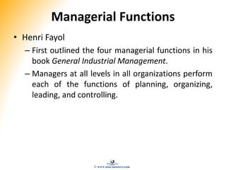 Managerial Functions
• Henri Fayol
– First outlined the four managerial functions in his
book General Industrial Management.
– Managers at all levels in all organizations perform
each of the functions of planning, organizing,
leading, and controlling.
© www.asia-masters.com
 