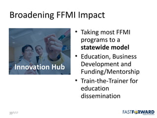 22
Broadening	FFMI	Impact
• Taking	most	FFMI	
programs	to	a		
statewide	model
• Education,	Business	
Development	and	
Funding/Mentorship
• Train-the-Trainer	for	
education	
dissemination	
10/5/17 22
Innovation	Hub
 