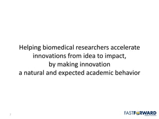 7
Helping	biomedical	researchers	accelerate	
innovations	from	idea	to	impact,	
by	making	innovation	
a	natural	and	expected	academic	behavior
 