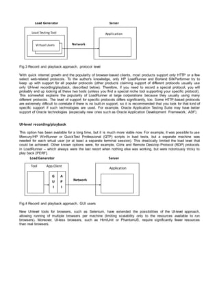 Fig.3 Record and playback approach, protocol level
With quick internet growth and the popularity of browser-based clients, most products support only HTTP or a few
select web-related protocols. To the author's knowledge, only HP LoadRunner and Borland SilkPerformer try to
keep up with support for all popular protocols (other products claiming support of different protocols usually use
only UI-level recording/playback, described below). Therefore, if you need to record a special protocol, you will
probably end up looking at these two tools (unless you find a special niche tool supporting your specific protocol).
This somewhat explains the popularity of LoadRunner at large corporations because they usually using many
different protocols. The level of support for specific protocols differs significantly, too. Some HTTP-based protocols
are extremely difficult to correlate if there is no built-in support, so it is recommended that you look for that kind of
specific support if such technologies are used. For example, Oracle Application Testing Suite may have better
support of Oracle technologies (especially new ones such as Oracle Application Development Framework, ADF).
UI-level recording/playback
This option has been available for a long time, but it is much more viable now. For example, it was possible to use
Mercury/HP WinRunner or QuickTest Professional (QTP) scripts in load tests, but a separate machine was
needed for each virtual user (or at least a separate terminal session). This drastically limited the load level that
could be achieved. Other known options were, for example, Citrix and Remote Desktop Protocol (RDP) protocols
in LoadRunner – which always were the last resort when nothing else was working, but were notoriously tricky to
play back [PERF].
Fig.4 Record and playback approach, GUI users
New UI-level tools for browsers, such as Selenium, have extended the possibilities of the UI-level approach,
allowing running of multiple browsers per machine (limiting scalability only to the resources available to run
browsers). Moreover, UI-less browsers, such as HtmlUnit or PhantomJS, require significantly fewer resources
than real browsers.
Tool App.Client
ServerLoad Generator
Application
Network
G
U
I
A
P
I
Load Testing Tool
Virtual Users
ServerLoad Generator
Application
Network
 