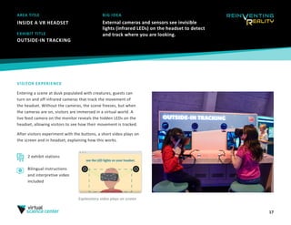 17
AREA TITLE
INSIDE A VR HEADSET
BIG IDEA
External cameras and sensors see invisible
lights (infrared LEDs) on the headset to detect
and track where you are looking.
VISITOR EXPERIENCE
Entering a scene at dusk populated with creatures, guests can
turn on and off infrared cameras that track the movement of
the headset. Without the cameras, the scene freezes, but when
the cameras are on, visitors are immersed in a virtual world. A
live feed camera on the monitor reveals the hidden LEDs on the
headset, allowing visitors to see how their movement is tracked.
After visitors experiment with the buttons, a short video plays on
the screen and in headset, explaining how this works.
EXHIBIT TITLE
OUTSIDE-IN TRACKING 
Explanatory video plays on screen
2 exhibit stations
Bilingual instructions
and interpretive video
included
 