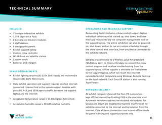 21
INCLUDED
•	 15 unique interactive exhibits
•	 12 VR Experience Pods
•	 6 Careers and Creators modules
•	 4 staff stations
•	 6 area graphic panels
•	 Exhibit support laptop
•	 Custom show controller
•	 WLAN base and satellite station
•	 Custom stools
•	 Batteries and chargers
VENUE REQUIREMENTS
•	 Exhibit lighting requires (6) 110V 20A circuits and multimedia
requires (8) 110V 20A circuits.
•	 Daily exhibit operation and support requires one fast internet-
connected Ethernet link to the system support location with
ports 80, 443, and 5938 open to traffic between the support
laptop and the internet.
•	 Acceptable temperature range is 65-80 degrees Fahrenheit.
•	 Acceptable humidity range is 30-60% relative humidity.
OPERATIONS AND TECHNICAL SUPPORT
Reinventing Reality includes a show control support laptop.
Individual exhibits can be started up, shut down, and have
their app relaunched via the computer management tool on
the support laptop. The entire exhibition can also be powered
on, shut down, and set to run on custom schedules through
the show control web interface, from any device connected to
the exhibits network.
Exhibits are connected to a Wireless Local Area Network
(WLAN) via Wi-Fi to Ethernet bridges to connect the show
control program and to allow troubleshooting from the
support laptop. Offsite support is available via TeamViewer
to the support laptop, which can reach non-internet-
connected exhibit computers using Windows Remote Desktop
on the local network. Each Core VR station is also running
TeamViewer.
NETWORK SECURITY
All exhibit computers (except the Core VR stations) are
kept off the internet by disabling DNS at the machine level.
Automatic Windows updates are disabled and updates for
Oculus and Steam are disabled by machine level firewall for
exhibits connected to the internet and by isolation from the
internet. Core VR team connection runs in semi-offline mode
for game licensing and support purposes only.
TECHNICAL SUMMARY
 
