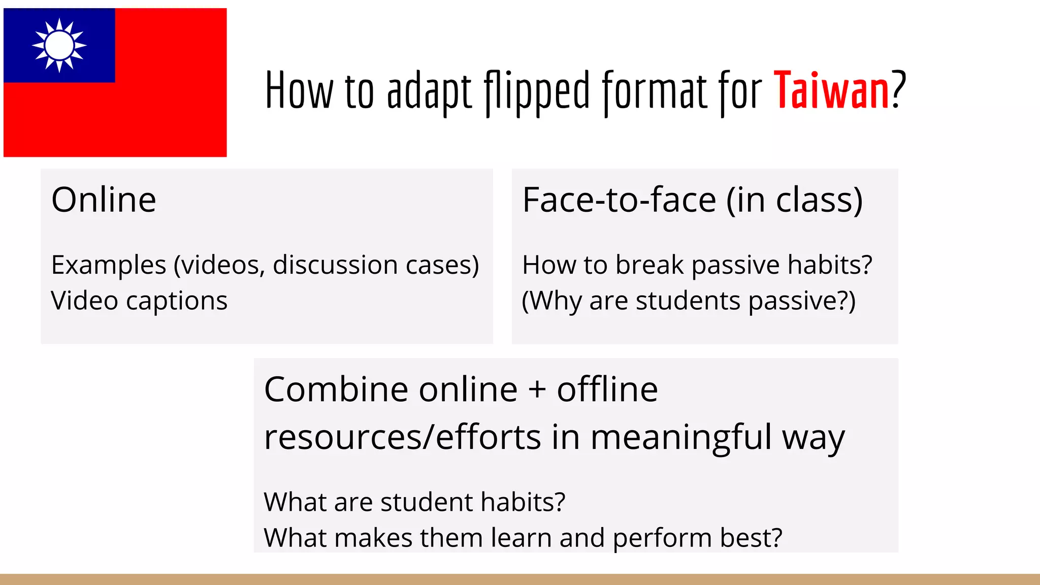 How to adapt ﬂipped format for Taiwan?
Online
Examples (videos, discussion cases)
Video captions
Face-to-face (in class)
How to break passive habits?
(Why are students passive?)
Combine online + oﬄine
resources/eﬀorts in meaningful way
What are student habits?
What makes them learn and perform best?
 