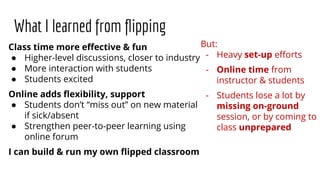 What I learned from ﬂipping
Class time more eﬀective & fun
● Higher-level discussions, closer to industry
● More interaction with students
● Students excited
Online adds ﬂexibility, support
● Students don’t “miss out” on new material
if sick/absent
● Strengthen peer-to-peer learning using
online forum
I can build & run my own ﬂipped classroom
But:
- Heavy set-up eﬀorts
- Online time from
instructor & students
- Students lose a lot by
missing on-ground
session, or by coming to
class unprepared
 