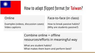 How to adapt ﬂipped format for Taiwan?
Online
Examples (videos, discussion cases)
Video captions
Face-to-face (in class)
How to break passive habits?
(Why are students passive?)
Combine online + oﬄine
resources/eﬀorts in meaningful way
What are student habits?
What makes them learn and perform best?
 
