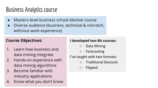 Business Analytics course
● Masters-level business school elective course
● Diverse audience (business, technical & non-tech,
with/out work experience)
Course Objectives:
1. Learn how business and
data mining integrate
2. Hands-on experience with
data mining algorithms
3. Become familiar with
industry applications
4. Know what you don’t know
I developed two BA courses:
○ Data Mining
○ Forecasting
I’ve taught with two formats:
○ Traditional (lecture)
○ Flipped
 