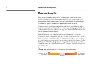 Embrace disruption
Every era has its breakthrough innovations. Our era has the runaway kind. Runaway
innovation sets off when new connections form at massive scale, linking institutions and
individuals with diverse experiences and disparate objectives. Ideas circulate more freely,
combine in new ways and break through paradigms with greater frequency.
Runaway innovation is insatiable. It captures the imagination of individuals and empowers
customers and employees alike to challenge the status quo — leaving organizations to catch
up. It jumps from one industry to the next, bringing down once formidable boundaries and
radically reshaping enterprise purpose.
More than two in five CEOs now expect their next competitive threat to come from
organizations outside their industries (see Figure 1). These new competitors aren’t just set to
steal market share. They are upsetting whole industries; reinventing how value is created;
and redefining what constitutes value. An almost single-minded focus on “capturing” value
for the benefit of the individual organization is giving way to innovation that drives mutual
value for the widest group of stakeholders possible — customers, employees, partners and
shareholders alike.
Figure 1
Around the corner: A growing number of CEOs face challengers from outside their industries
Competitors from the
same industry
Competitors from
other industries
41%40%
No change
2	 Reinventing the rules of engagement
 