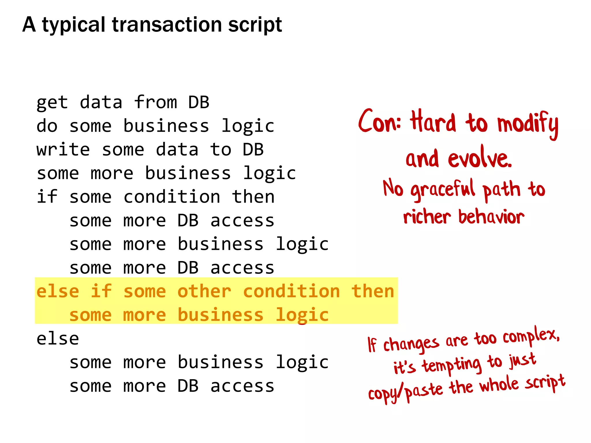 A typical transaction script
get data from DB
do some business logic
write some data to DB
some more business logic
if some condition then
some more DB access
some more business logic
some more DB access
else if some other condition then
some more business logic
else
some more business logic
some more DB access
Con: Hard to modify
and evolve.
No graceful path to
richer behavior
 
