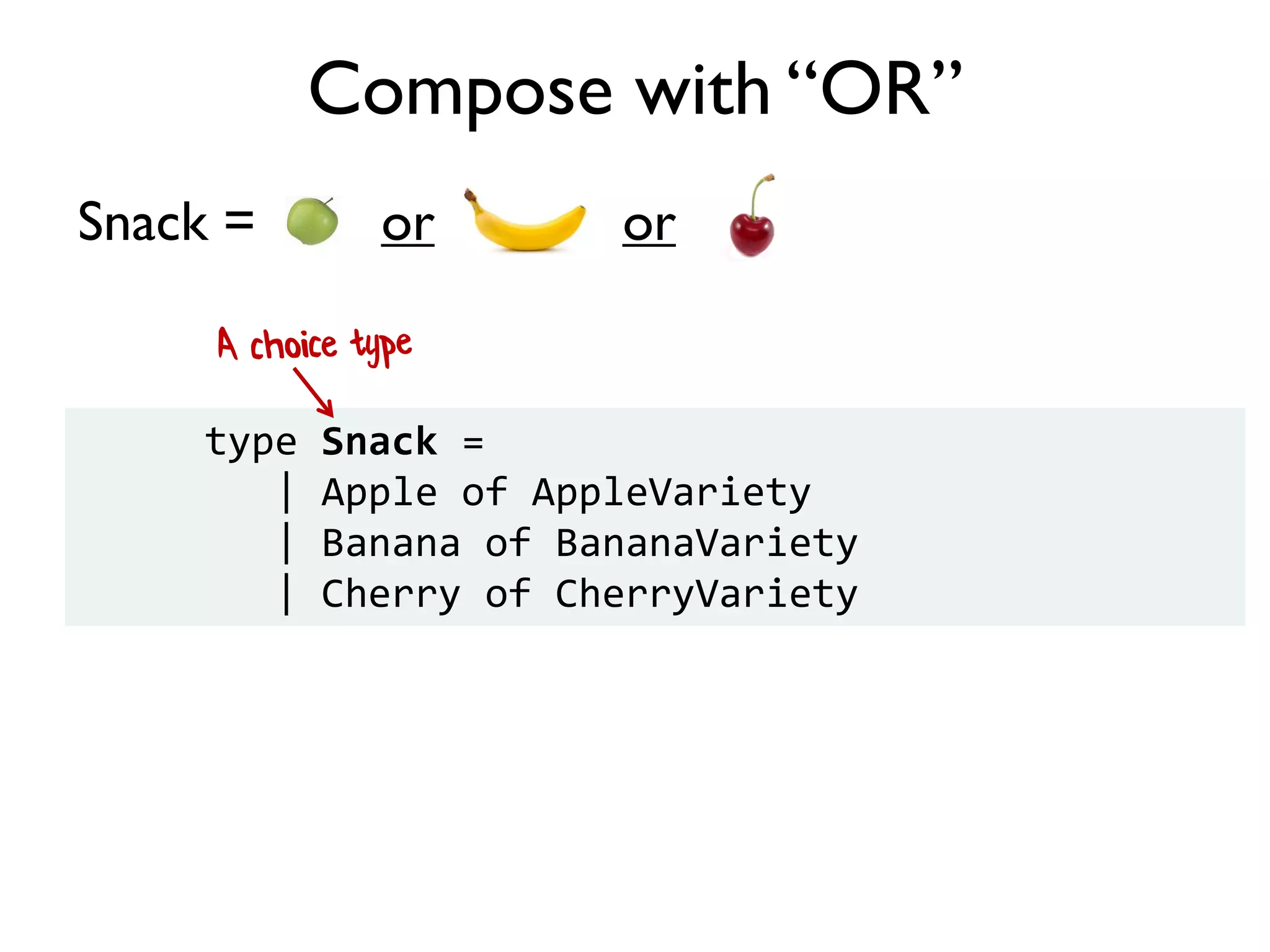 Snack = or or
Compose with “OR”
type Snack =
| Apple of AppleVariety
| Banana of BananaVariety
| Cherry of CherryVariety
 
