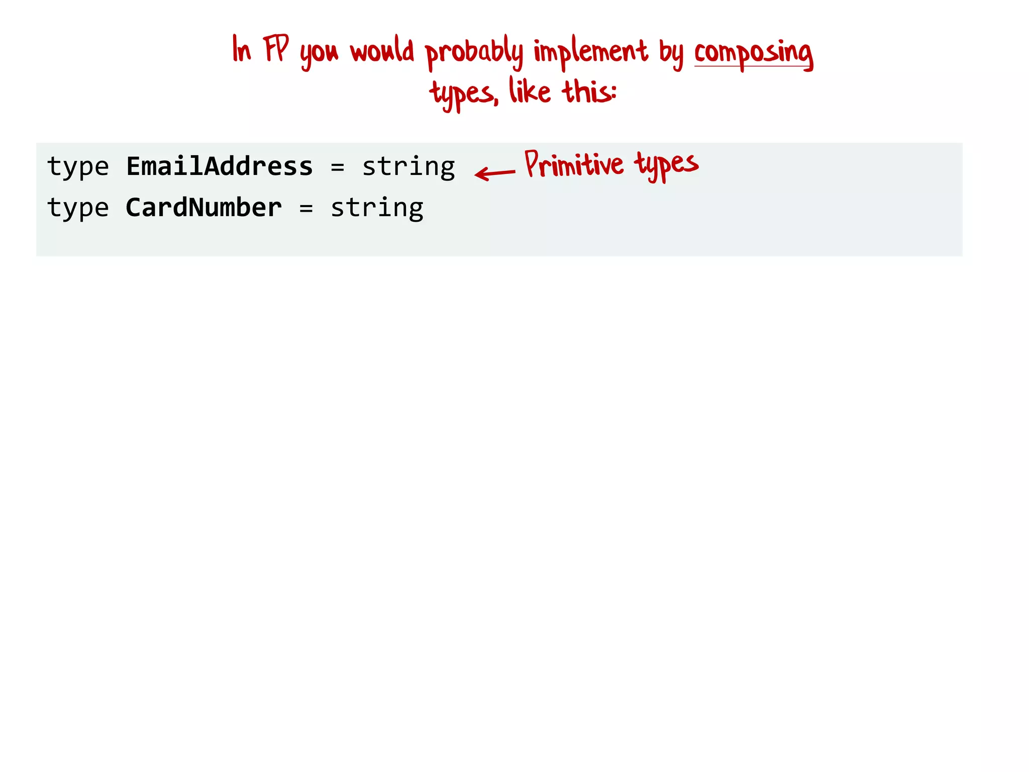 type EmailAddress = string
type CardNumber = string
In FP you would probably implement by composing
types, like this:
 