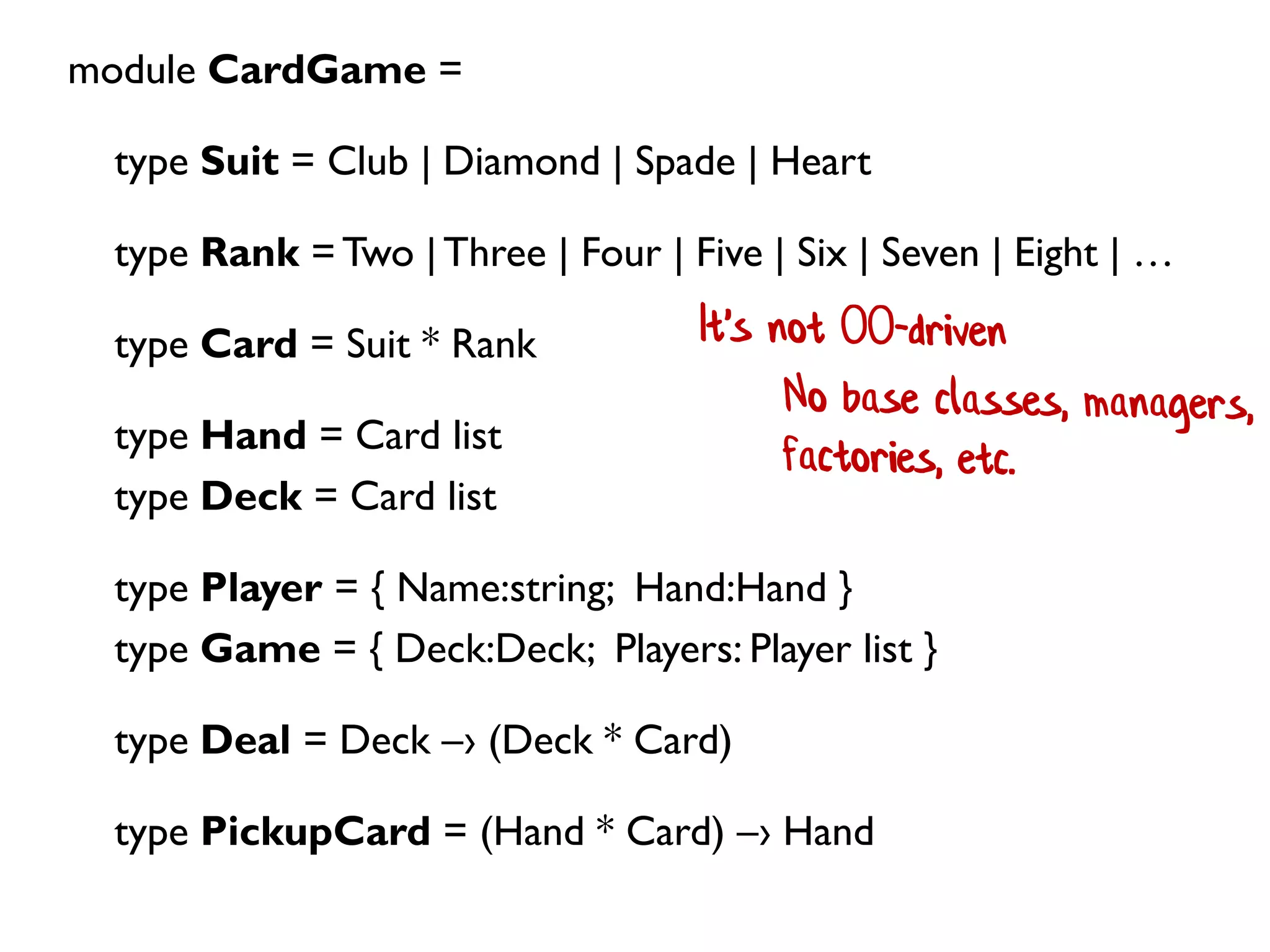 module CardGame =
type Suit = Club | Diamond | Spade | Heart
type Rank = Two |Three | Four | Five | Six | Seven | Eight | …
type Card = Suit * Rank
type Hand = Card list
type Deck = Card list
type Player = { Name:string; Hand:Hand }
type Game = { Deck:Deck; Players: Player list }
type Deal = Deck –› (Deck * Card)
type PickupCard = (Hand * Card) –› Hand
 